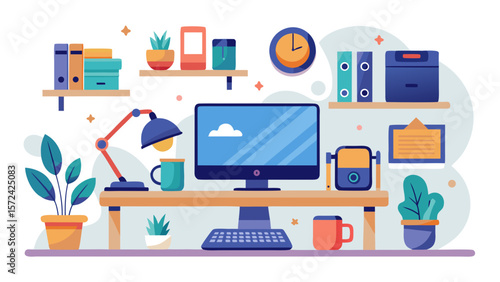 Vector art of a wellorganized workspace is shown, featuring a computer, keyboard, printer, desk lamp, and plants, creating a clean and efficient atmosphere