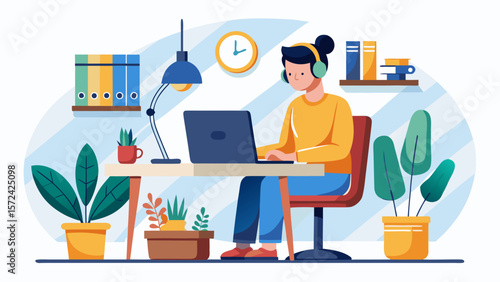 Vector art of a focused young woman is working on her laptop at her desk, wearing headphones, surrounded by plants and books, creating a productive and comfortable atmosphere