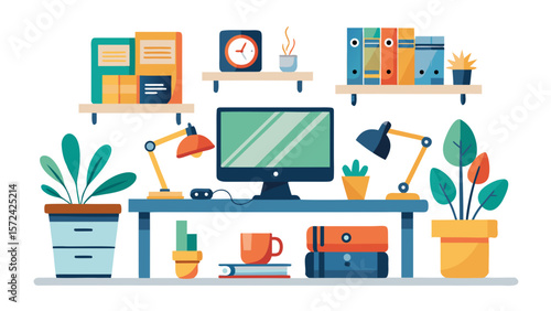 Vector art of a colorful illustration depicts a neatly organized modern office desk setup, complete with a computer, books, plants, and various office supplies
