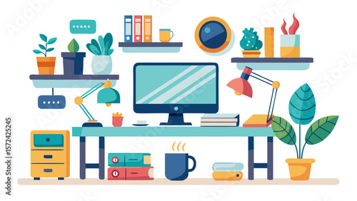 Vector art of a stylish and organized home office workspace is depicted in a colorful illustration, featuring a computer, books, plants, and various office supplies on a clean desk