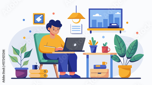 Vector art of a relaxed young man works on his laptop from the comfort of his home office, surrounded by plants and a warm, inviting atmosphere