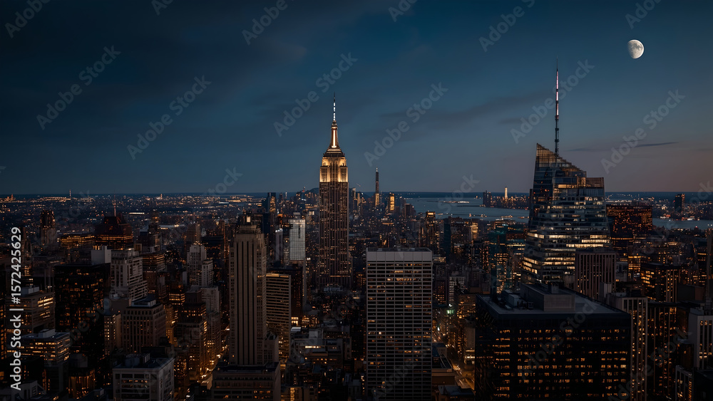 Obraz premium Night Cityscape Illuminated Skyscrapers Under a Half Moon
