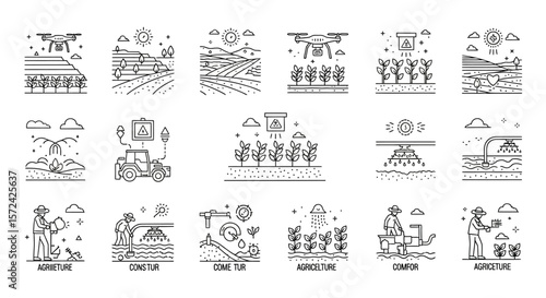 Smart Farming and Agricultural Technology Line Icon Set