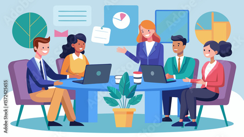 Vector art of a team of business professionals shares ideas and collaborates around a table in a modern office setting