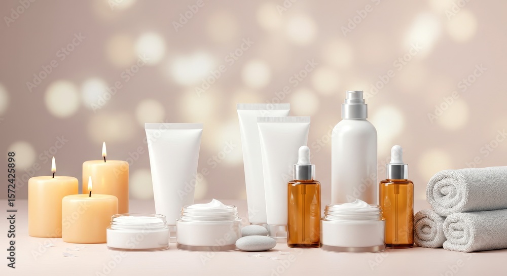 Photo of Elegant spa setting with white and brown cosmetic products, rolled towels, and burning candles Photo of Elegant spa setting with white and brown cosmetic products, rolled towels, and burning candles