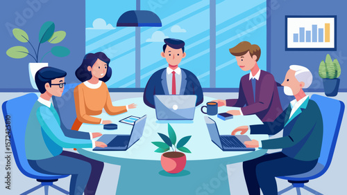 Vector art of a diverse team of business professionals collaborates around a table during a productive office meeting