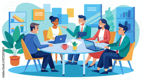 Vector art of a cheerful team of businesspeople engages in a lively discussion around a table in a modern office setting