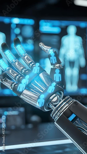 Wallpaper Mural Robotic Hand with Human Icons: A close-up shot of a metallic robotic hand with glowing blue human icons on its fingers, set against a backdrop of futuristic medical technology displays. Torontodigital.ca