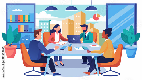 Vector art of a group of diverse business professionals sits around a table, actively participating in a productive office meeting