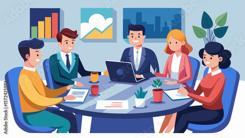 Vector art of a group of business professionals shares ideas and collaborates on a project during a productive meeting in a modern office