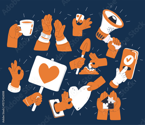 Cartoon vector illustration of diverse hands performing different actions as a metaphor for community engagement, support, and active participation