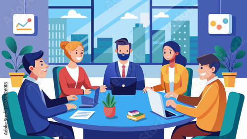 Vector art of a diverse team of business professionals collaborates around a table in a modern office setting, engaged in a productive meeting