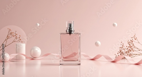 Photo of Elegant perfume bottle with pink ribbon, spheres, and flowers on a pink background