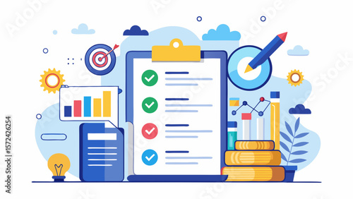 Vector art of a colorful illustration depicting a checklist on a clipboard, surrounded by various businessrelated icons and charts, symbolizing planning and goal achievement