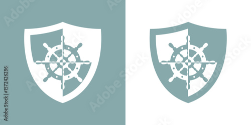 Logo nautical. Silueta de volante de timón de barco en escudo con espacio negativo 