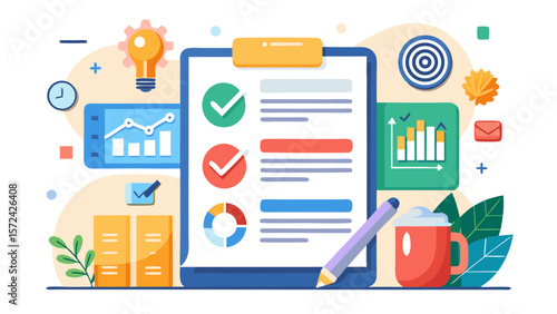 Vector art of a comprehensive checklist on a clipboard is depicted in this illustration, surrounded by various businessrelated icons, symbolizing planning, progress, and success