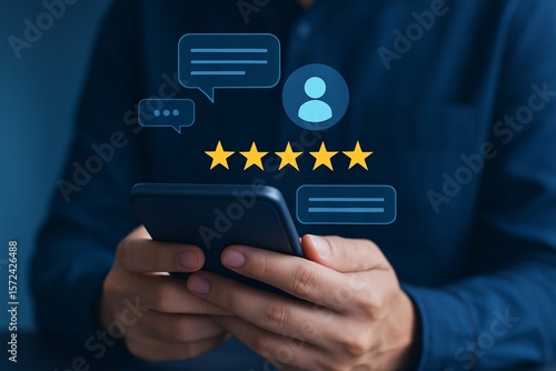 Customer leaving a five star review and feedback on a smartphone screen