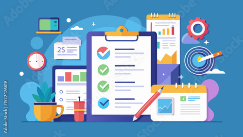 Vector art of a dynamic illustration shows a checklist on a clipboard, surrounded by various business icons and elements, representing planning, progress, and achieving targets