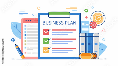 Vector art of a clean and modern illustration features a business plan checklist on a clipboard, accompanied by icons symbolizing planning, progress, and business success