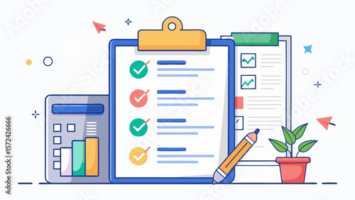 Vector art of a vibrant illustration depicts a business plan checklist, highlighting strategic planning and successful goal attainment