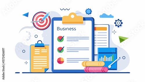 Vector art of a dynamic illustration presents a business plan checklist, symbolizing strategic planning and the pursuit of goals
