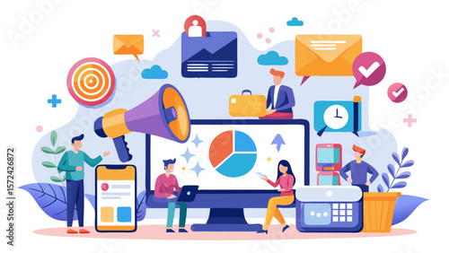 Vector art of a vibrant team collaborates on a dynamic digital marketing strategy, achieving impressive results