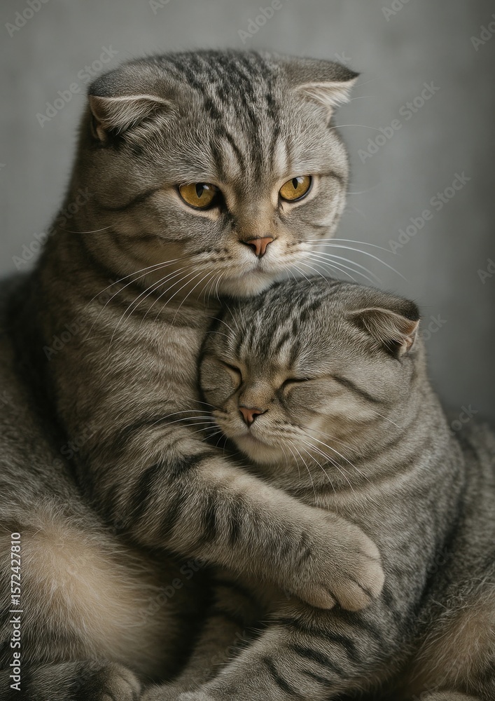 Fototapeta premium Affectionate cats cuddling together peacefully.