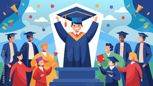Vector art of a joyous group of graduates celebrates their academic achievements at a lively graduation party