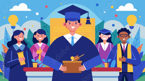 Vector art of a joyous group of graduates celebrates their academic success at a university graduation ceremony
