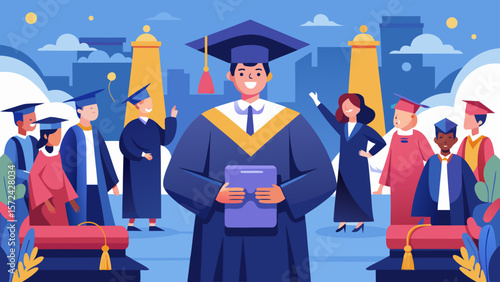 Vector art of a diverse group of excited graduates joyfully celebrates their academic achievements at a university graduation ceremony