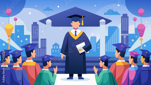 Vector art of a joyous graduation ceremony where a proud graduate stands before their cheering classmates, celebrating their academic success