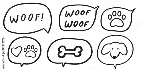 Set of speech bubbles. Dog paw, Woof, Dog face, Bone. Vector illustration. Hand drawn isolated icons. Simple illustrations on white background.
