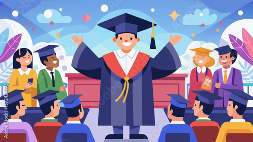 Vector art of a triumphant graduate stands proudly before an applauding audience, basking in the glow of their hardearned success