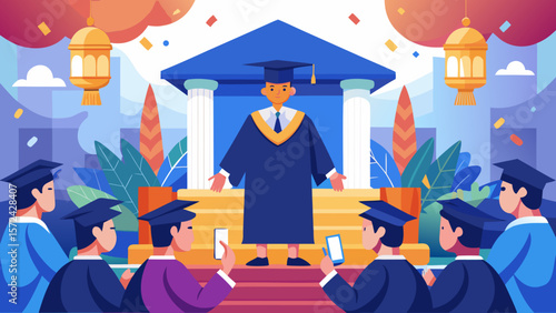 Vector art of a graduating student delivers a confident speech to their peers during a university graduation ceremony