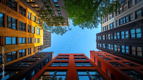 Urban buildings cluster, looking up. Colorful apartment buildings, vibrant, city, framed by trees, sky