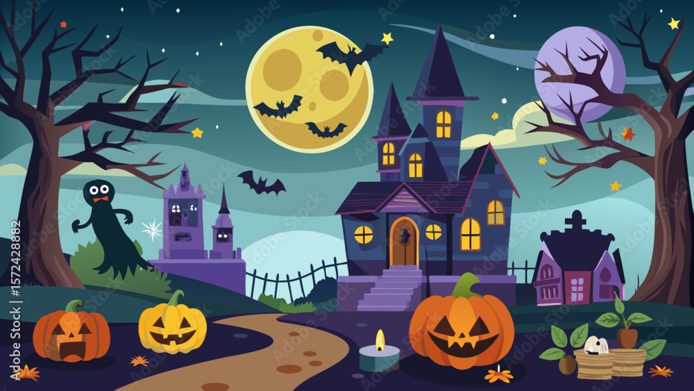 Fototapeta premium Vector art of an eerie halloween scene with a haunted house, spooky pumpkins, and ghostly figures against a backdrop of a full moon and bare trees