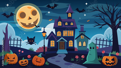 Vector art of a spooky halloween night scene with a haunted house, grinning pumpkins, a black cat, and a ghost under a smiling moon