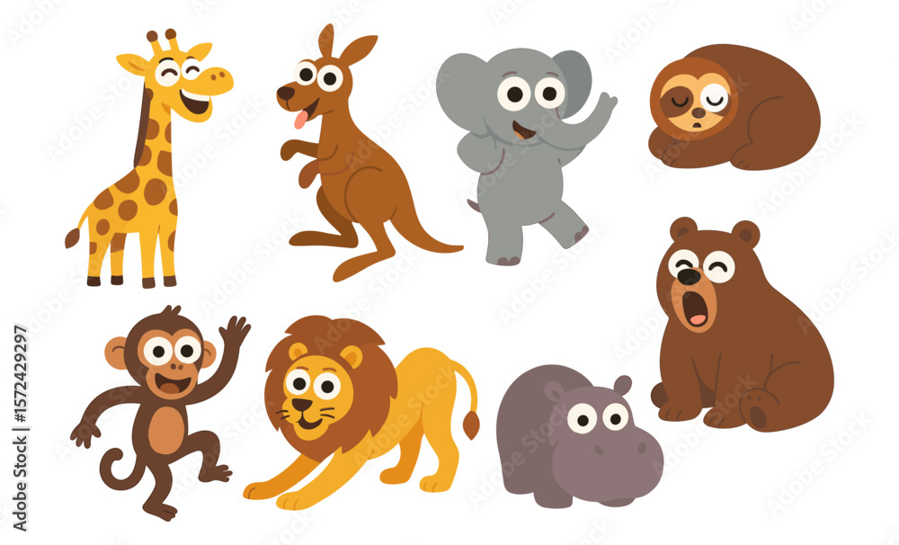 Fototapeta premium Colorful cartoon jungle and savanna animals illustration for children's design projects