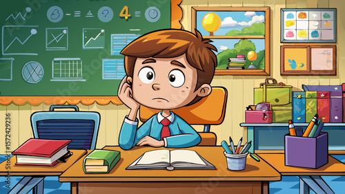 Elementary school student sits at desk thinking. Thoughtful boy in class, concentrating on math problem, with serious expression. Primary school, education, back to school concept, kids learning.