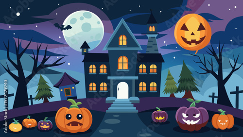 Vector art of a whimsical halloween illustration featuring a haunted house, grinning pumpkins, and a spooky night sky
