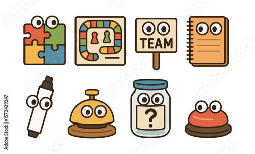 Quirky cartoons in office and game elements for collaborative teamwork
