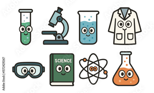 Cute science icons with smiley faces: lab equipment, molecules, and science book
