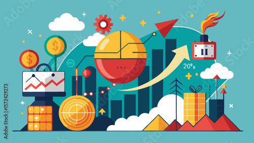 Vector art of a vibrant illustration depicting business growth, success, and financial investment with various financial elements
