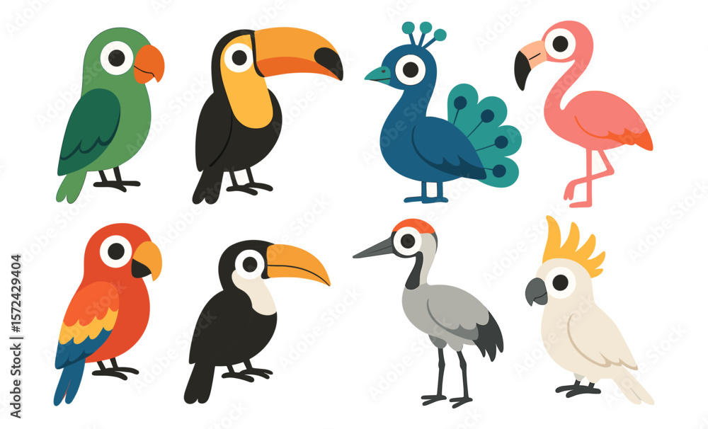 Obraz premium Colorful cartoon birds collection featuring parrot, toucan, peacock, flamingo, crane, and cockatoo