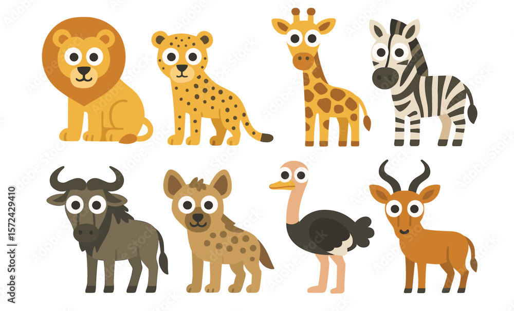 Naklejka premium Colorful cartoon safari animals: lion, cheetah, giraffe, zebra, wildebeest, hyena, ostrich, antelope