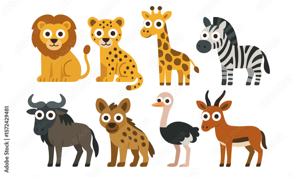 Obraz premium Cute cartoon safari animals collection featuring lion, giraffe, zebra, cheetah, and more