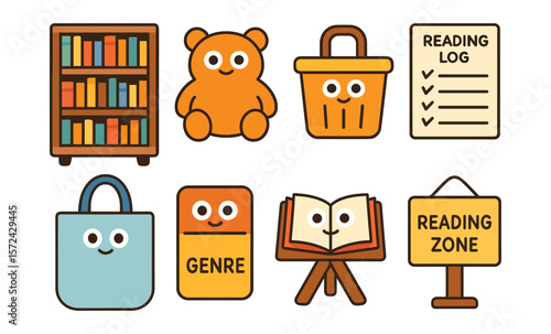Playful library icons: books, reading bear, shopping basket, and genre signs for kids