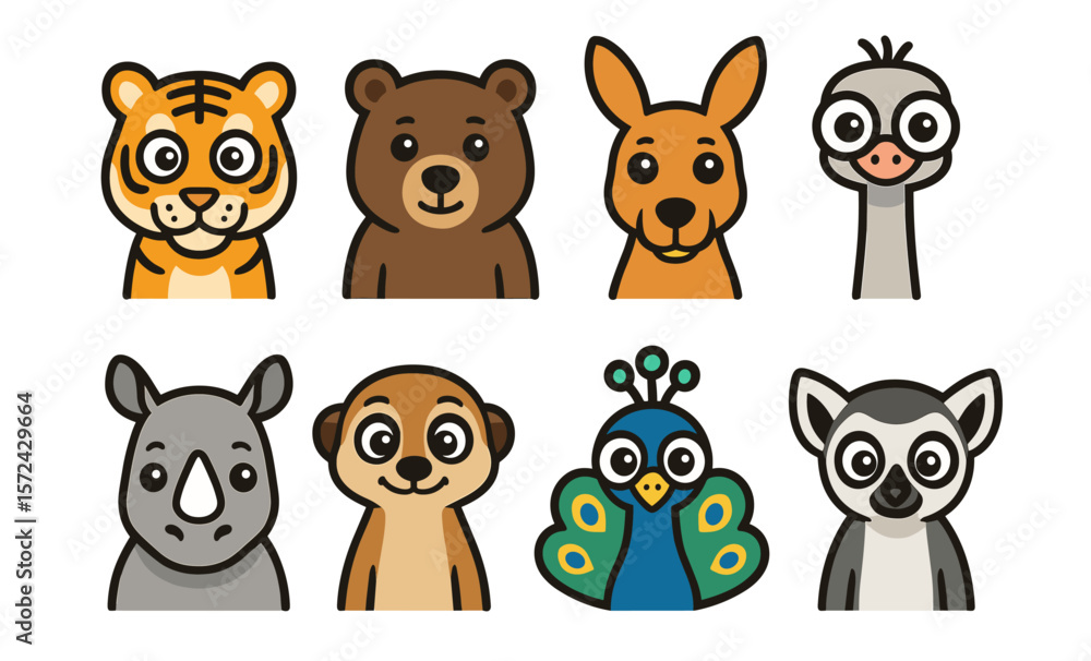 Fototapeta premium Adorable cartoon animal faces: tiger, bear, kangaroo, ostrich, rhino, meerkat, peacock, lemur