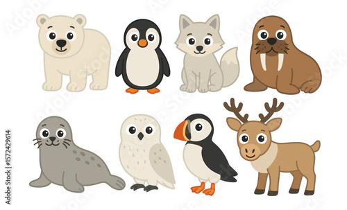 Cute arctic and antarctic animals: polar bear, penguin, fox, walrus, seal, owl, puffin, reindeer