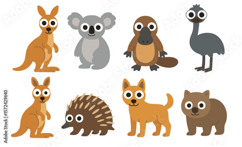 Cute cartoon australian animals: kangaroo, koala, platypus, emu, echidna, quokka icons
